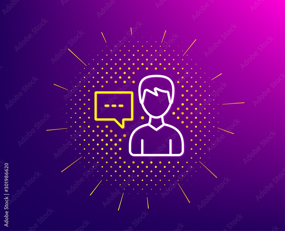 User communication line icon. Halftone pattern. Male Person with chat speech bubble sign. Human silhouette symbol. Gradient background. Person talk line icon. Yellow halftone pattern. Vector User communication line icon. Halftone pattern. Male Person with chat speech bubble sign. Human silhouette symbol. Gradient background. Person talk line icon. Yellow halftone pattern. Vector