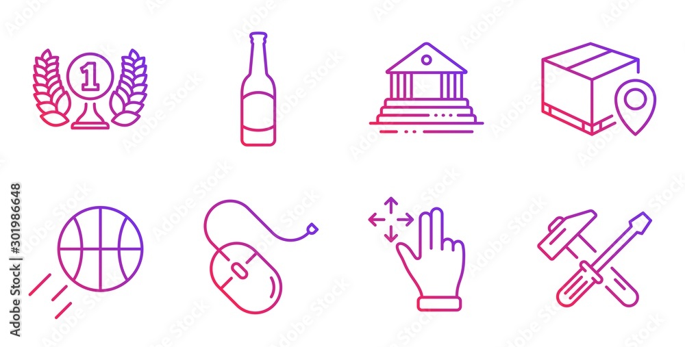 Court building, Beer and Parcel tracking line icons set. Laureate award, Basketball and Computer mouse signs. Move gesture, Hammer tool symbols. Government house, Bar drink. Business set. Vector Court building, Beer and Parcel tracking line icons set. Laureate award, Basketball and Computer mouse signs. Move gesture, Hammer tool symbols. Government house, Bar drink. Business set. Vector