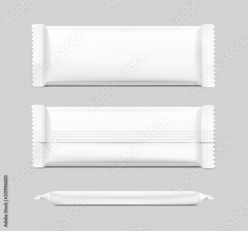 Flow packaging mockup. Vector illustration on grey background. Can be use for your design, promo, adv and etc. Possibility for food, pharmaceutical, cosmetic. EPS10.	