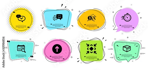 Minimize, Office box and Search calendar line icons set. Chat bubbles with quotes. Swipe up, Bitcoin mining and Happy emotion signs. Approved, Timer symbols. Small screen, Delivery box. Vector