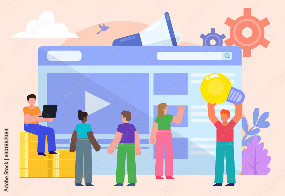 Group of people stand near big web page. Marketing, advertisement in web, video blogging concept. Poster for social media, web page, banner, presentation. Flat design vector illustration