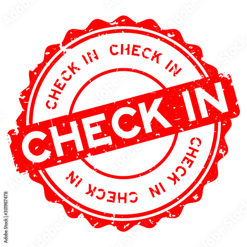 Grunge red check in word round rubber seal stamp on white background