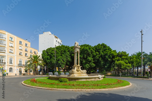 City landscape. Ring road and sculpture in the center of the circle. Almeria, Andalusia, Spain