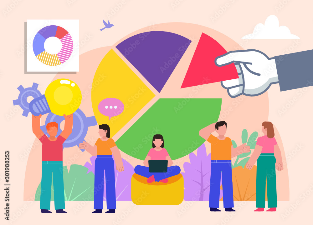 Chart, graph analysis. Group of people stand near big pie chart and discuss. Poster for social media, web page, banner, presentation. Flat design vector illustration Chart, graph analysis. Group of people stand near big pie chart and discuss. Poster for social media, web page, banner, presentation. Flat design vector illustration