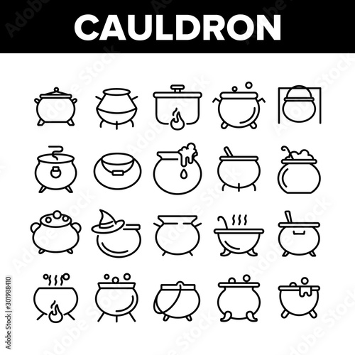 Cauldron Collection Elements Icons Set Vector Thin Line. Cauldron On Flame Campfire And With Bubbles, With Foam And Witch Hat Concept Linear Pictograms. Monochrome Contour Illustrations