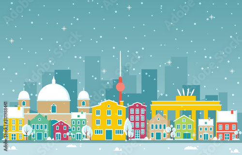 Winter Snow in Berlin City Cityscape Skyline Landmark Building Illustration