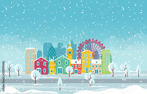 Winter Snow in London City Cityscape Skyline Landmark Building Illustration