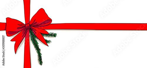 Christmas gift with decorative red ribbon and green branch - for horizontal christmas greetings or banners