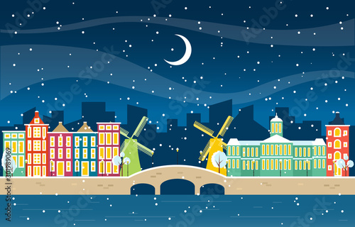 Photography Winter Snow in Amsterdam City Cityscape Skyline Landmark Building Illustration