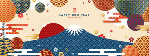 Mount Fuji at sunset. Japanese greeting card or banner with geometric ornate shapes. Happy New Year 2020. Clouds and Asian Patterns in Modern Style.