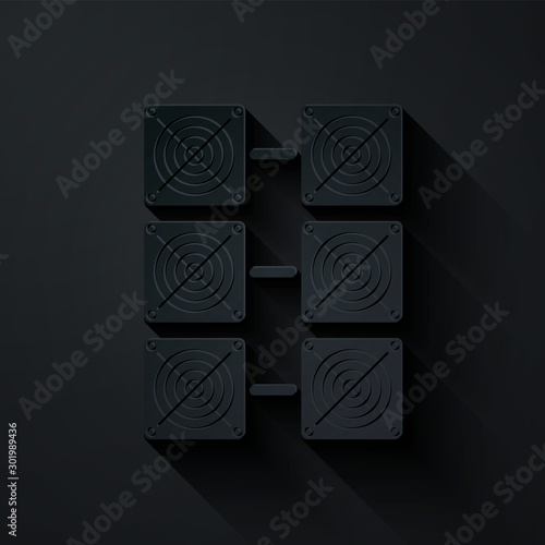 Paper cut Mining farm icon isolated on black background. Cryptocurrency mining, blockchain technology, bitcoin, digital money market, cryptocoin wallet. Paper art style. Vector Illustration