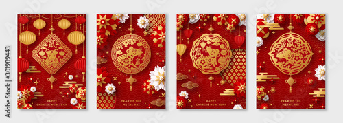 Posters Set for 2020 Chinese New Year. Hieroglyph translation - Rat. Vector illustration. Asian Clouds, Lanterns, Gold Pendant and Paper cut Flowers on Red Background. Place for your Text.