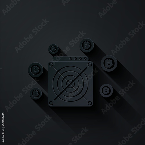 Paper cut ASIC Miner icon isolated on black background. Cryptocurrency mining equipment and hardware. Application specific integrated circuit. Paper art style. Vector Illustration