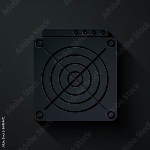 Paper cut ASIC Miner icon isolated on black background. Cryptocurrency mining equipment and hardware. Application specific integrated circuit. Paper art style. Vector Illustration