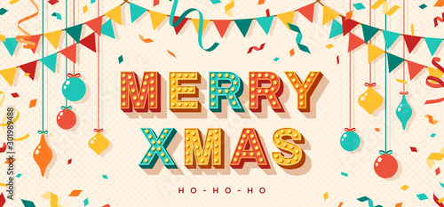 Merry Xmas card or banner with typography design. Vector illustration with retro light bulbs font, streamers, confetti and hanging baubles.