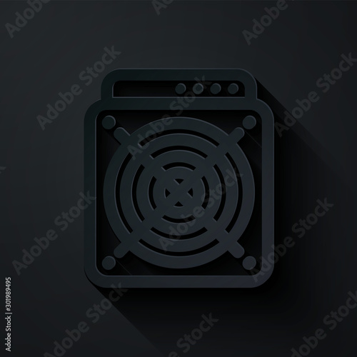 Paper cut ASIC Miner icon isolated on black background. Cryptocurrency mining equipment and hardware. Application specific integrated circuit. Paper art style. Vector Illustration