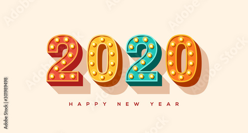 2020 card or banner with typography design. Vector illustration. Numbers of retro light bulbs font. Minimal invitation for Merry Christmas and Happy New Year.