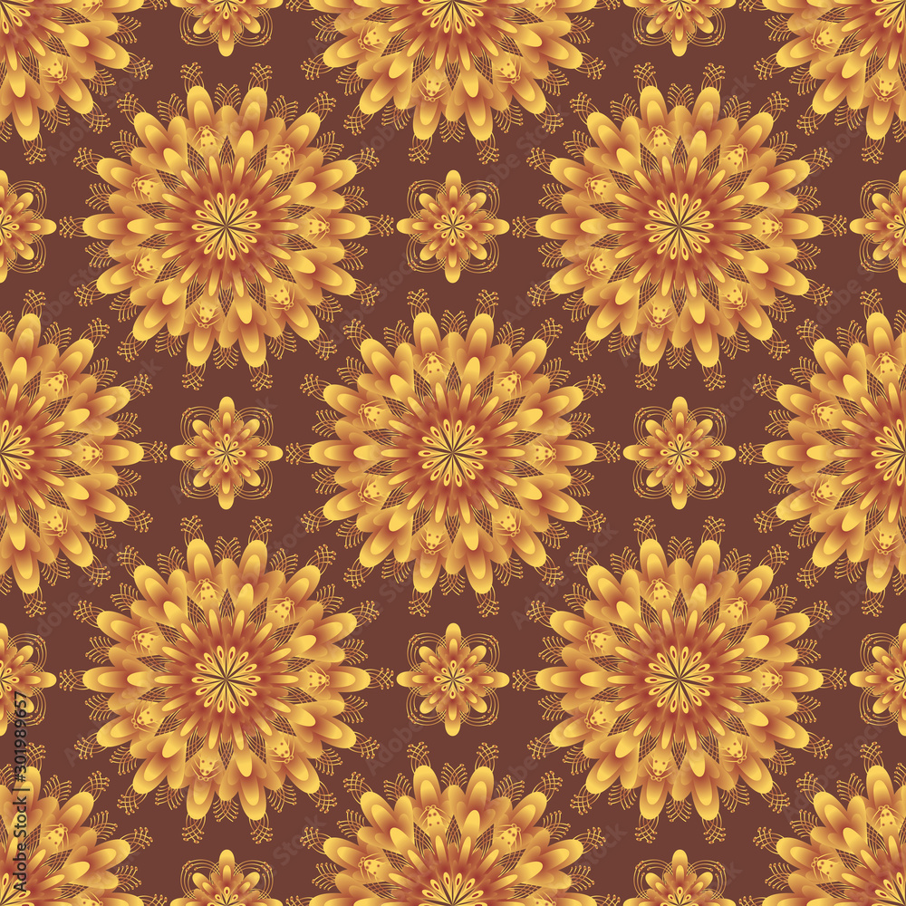 Fantasy abstract decorative oriental floral seamless pattern isolated on brown background.