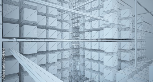 Drawing abstract architectural white interior from an array of cubes with large windows. 3D illustration and rendering.