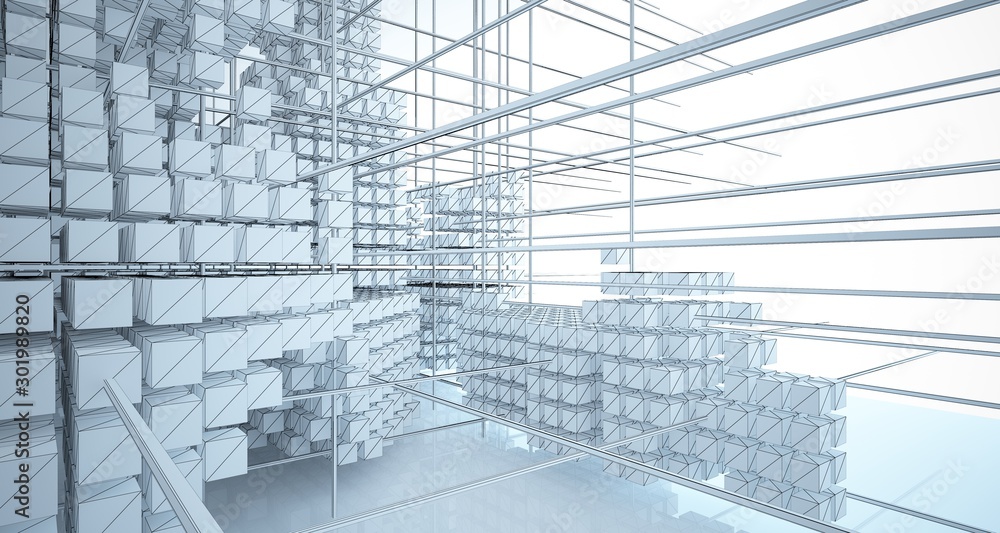Drawing abstract architectural white interior from an array of cubes with large windows. 3D illustration and rendering. Drawing abstract architectural white interior from an array of cubes with large windows. 3D illustration and rendering.