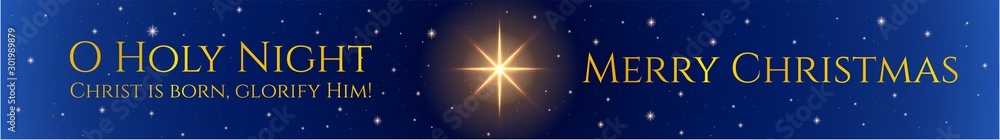 Christmas background (Merry Christmas holiday banner). Holy night vector illustration. Night sky with Christmas star and starry sky - obrazy, fototapety, plakaty 