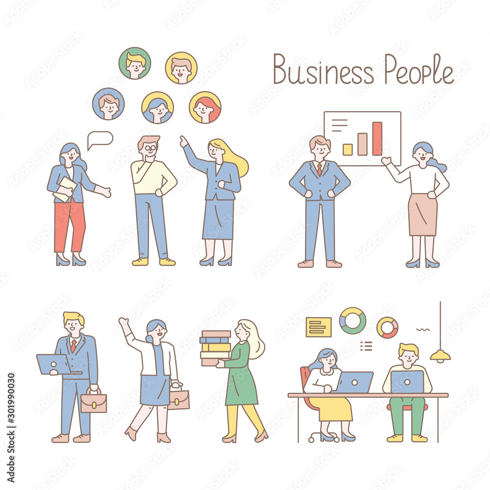 Teamwork line art vector set. Office workplace, meeting. People working together in the office. Flat vector illustration. Teamwork line art vector set. Office workplace, meeting. People working together in the office. Flat vector illustration.