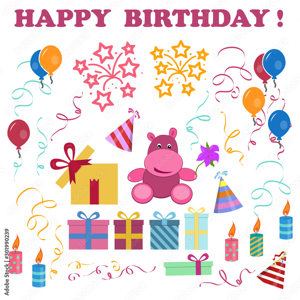 Vector illustration of greeting card for birthday. Invitation poster Happy birthday. Celebration objects and accessories and related objects. Vector illustration of greeting card for birthday. Invitation poster Happy birthday. Celebration objects and accessories and related objects.