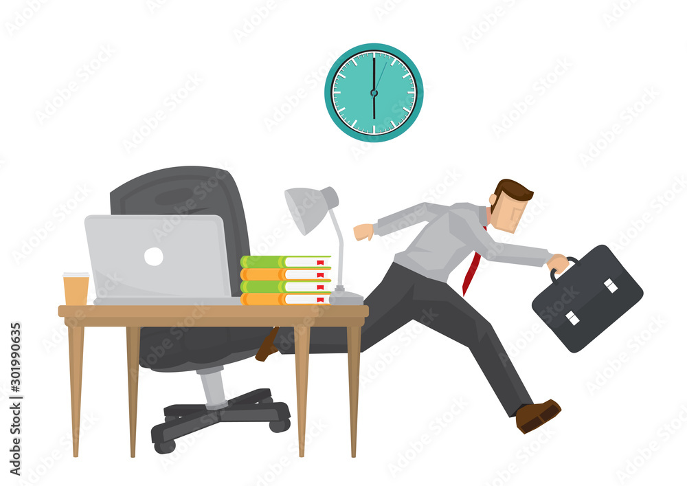 Businessman running in a hurry when the clock is at 6pm. Vector illustration Businessman running in a hurry when the clock is at 6pm. Vector illustration