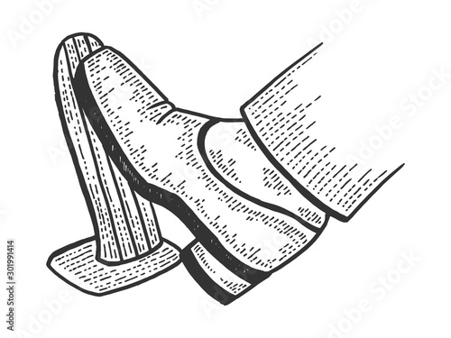 Foot presses throttle car accelerator pedal sketch engraving vector illustration. T-shirt apparel print design. Scratch board style imitation. Black and white hand drawn image.