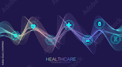 Abstract health care banner template with flat icons. Healthcare medicine concept. Medical innovation technology pharmacy banner. Vector illustration