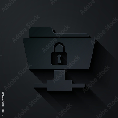 Paper cut FTP folder and lock icon isolated on black background. Concept of software update, ftp transfer protocol. Security, safety, protection concept. Paper art style. Vector Illustration
