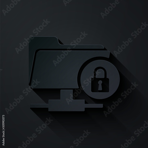 Paper cut FTP folder and lock icon isolated on black background. Concept of software update, ftp transfer protocol. Security, safety, protection concept. Paper art style. Vector Illustration