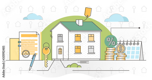 Mortgage vector illustration. Outlined estate purchase banking process.