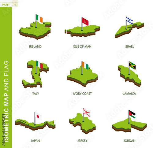 Set of 9 isometric map and flag, 3D vector isometric shape.
