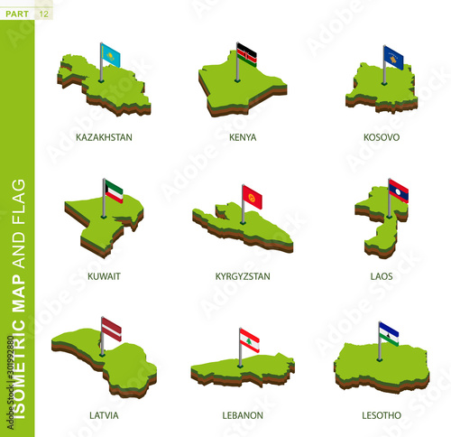 Set of 9 isometric map and flag, 3D vector isometric shape.