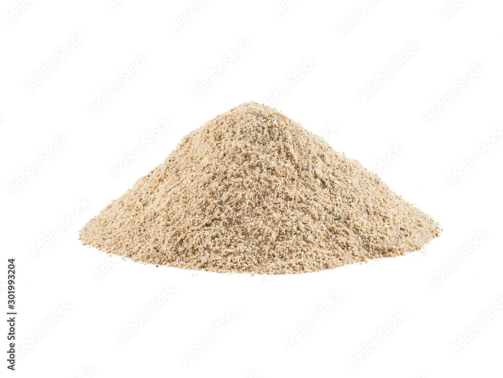 Ground garlic isolated on white background with copy space for text or images. Spices and herbs. Packaging concept. Close-up. Ground garlic isolated on white background with copy space for text or images. Spices and herbs. Packaging concept. Close-up.