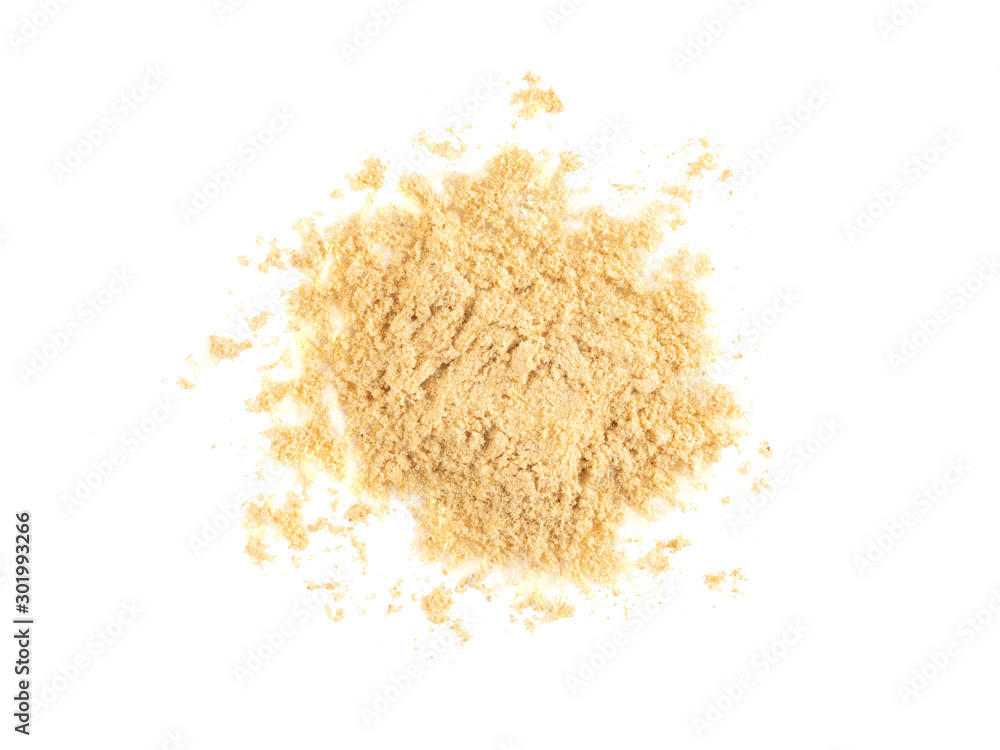Some ground mustard isolated on white background with copy space for text, images. Spices and herbs. Packaging concept. Close-up, top view. Some ground mustard isolated on white background with copy space for text, images. Spices and herbs. Packaging concept. Close-up, top view.