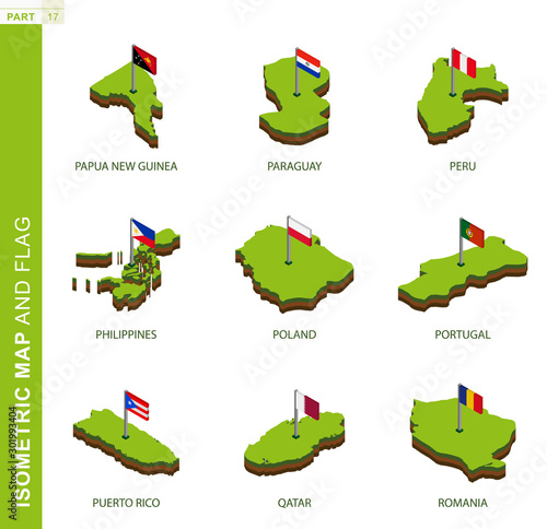 Set of 9 isometric map and flag, 3D vector isometric shape.