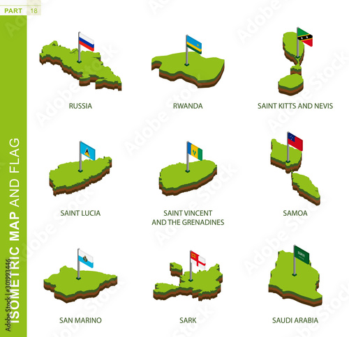 Set of 9 isometric map and flag, 3D vector isometric shape.