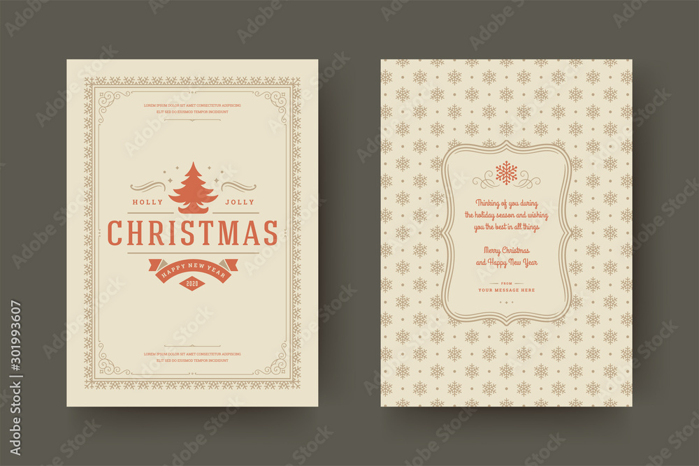 Christmas greeting card vintage typographic design, ornate decorations symbols with tree, winter holidays wish