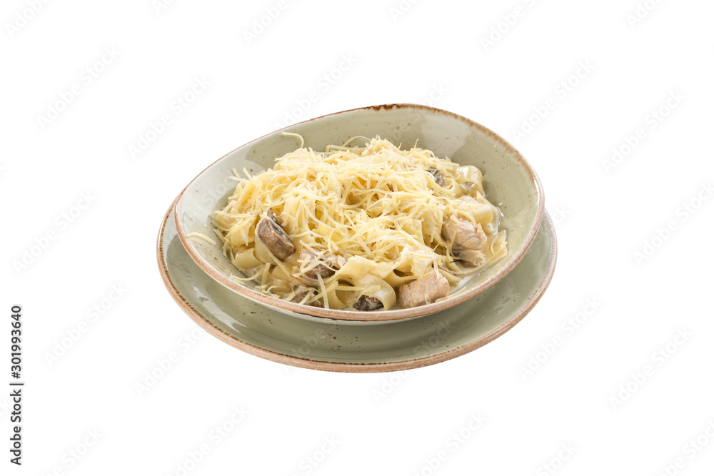 Pasta fettuccine with chicken and cream mushroom sauce isolated on white background Pasta fettuccine with chicken and cream mushroom sauce isolated on white background