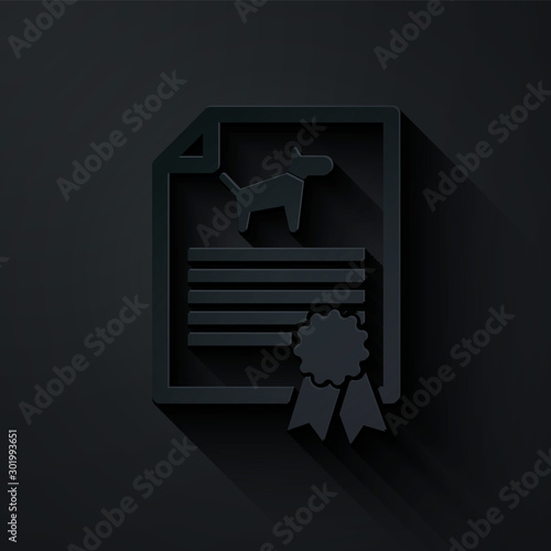 Paper cut Medical certificate for travel with dog or cat icon isolated on black background. Document for pet. Dog or cat paw print. Paper art style. Vector Illustration