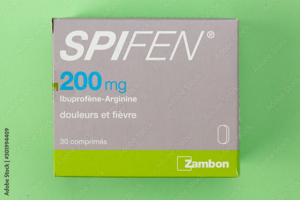 Box of spifen 200 mg. It is a generic anti-inflammatory drug whose main  molecule is ibuprofen Photos | Adobe Stock