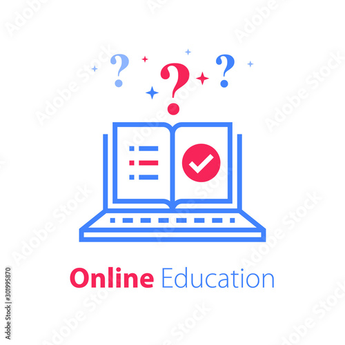 Online exam, pass test, checklist on monitor, check knowledge, complete internet course, web vote