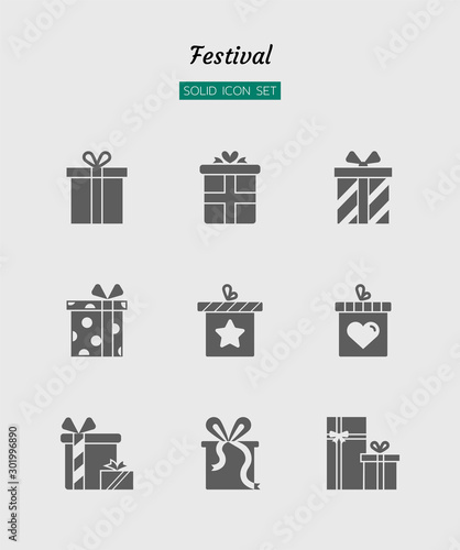 solid icon symbol set, festival celebration, christmas, new year, present box, Isolated flat silhouette vector design