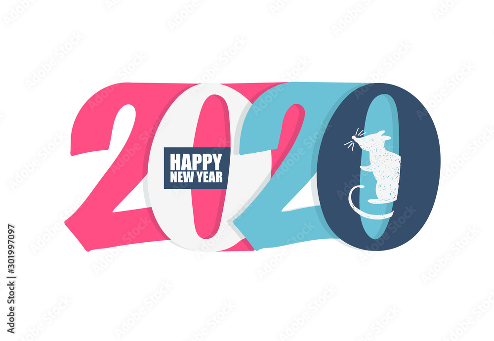 Happy new year 2020 with cute rat - beautiful hand drawn lettering postcard