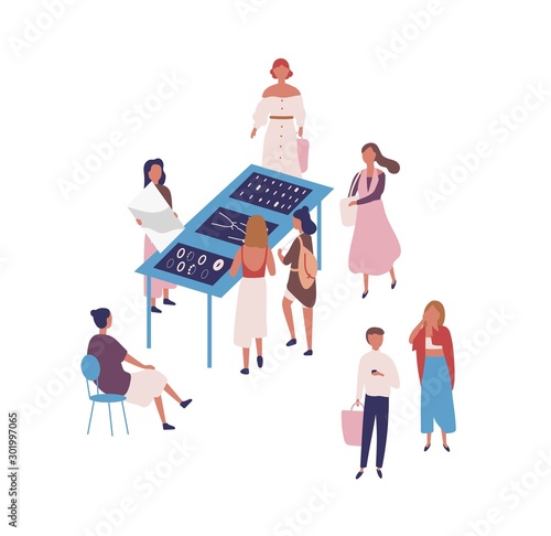 Flea market flat vector illustration. People buying designer jewelry and bijouterie, handmade accessories. Fashion market, street selling isolated on white background. Garage sell idea.