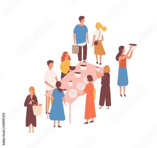 Flea market, pottery fair flat vector illustration. Ceramics sellers and customers faceless characters. Earthenware, crockery, delftware buying. New and used utensil. Bazaar, tableware market.