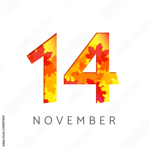 14 th of November calendar numbers. 14 years old autumn logotype. Anniversary digits with leaves. Isolated abstract graphic design template. White background. Up to 14% percent off creative discount.