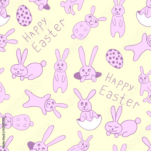 Cute easter icon and animal pet collection, with easter eggs in nest, rabbit and lettering. Hand drawn vector illustration.